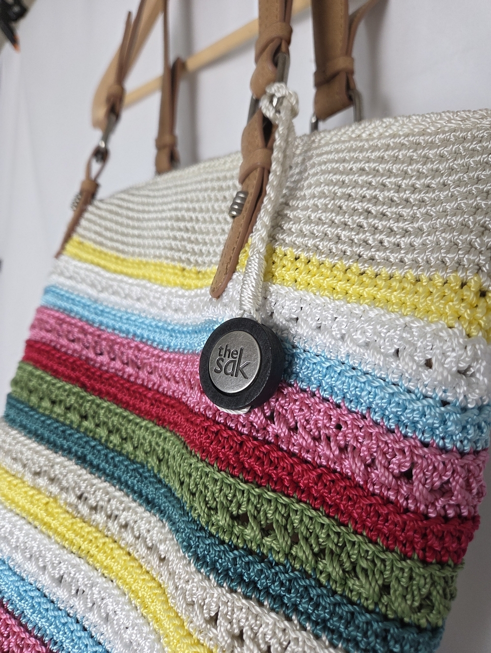 The Sak Rainbow Stripe Crochet Shoulder Bag Multicolor Tote Purse Zipper Close - Picture 3 of 13